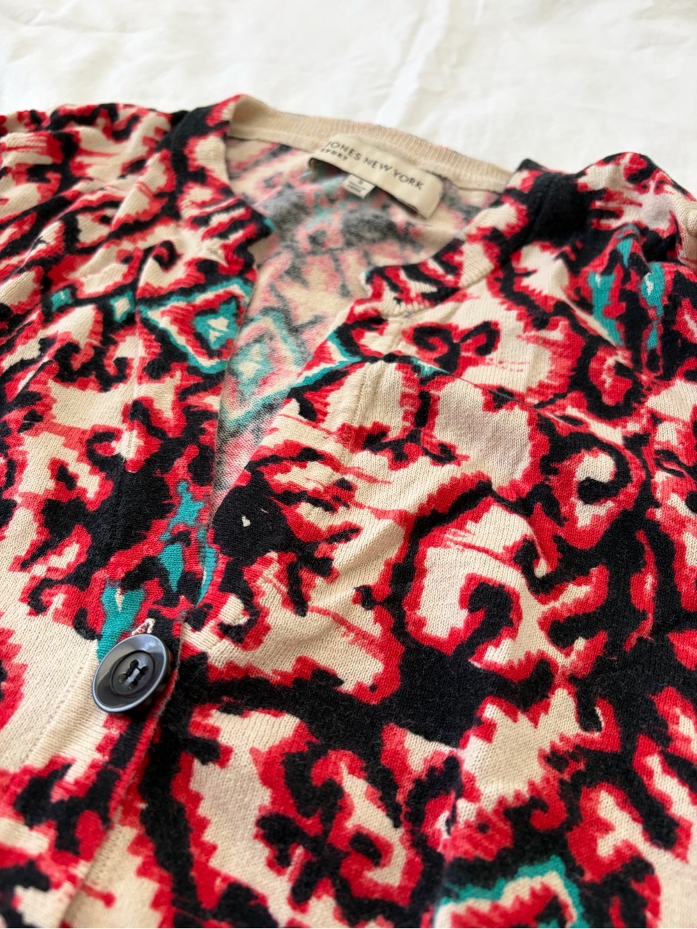 Jones New York Pink, Black & Teal Patterned Button Cardigan
